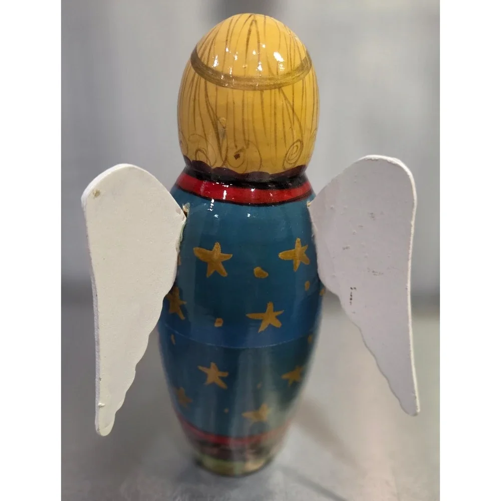 Vintage Russian Hand Painted Wooden Angel Nesting Dolls Matryoshka 3 Piece